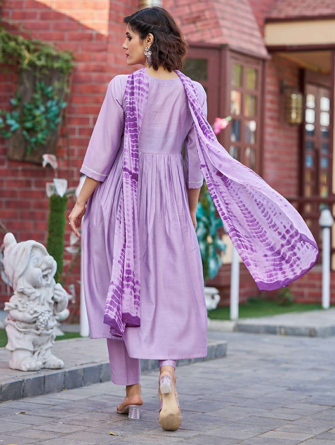 women solid with work three quarter sleeve kurta pant with dupatta set - 22454457 -  Standard Image - 3