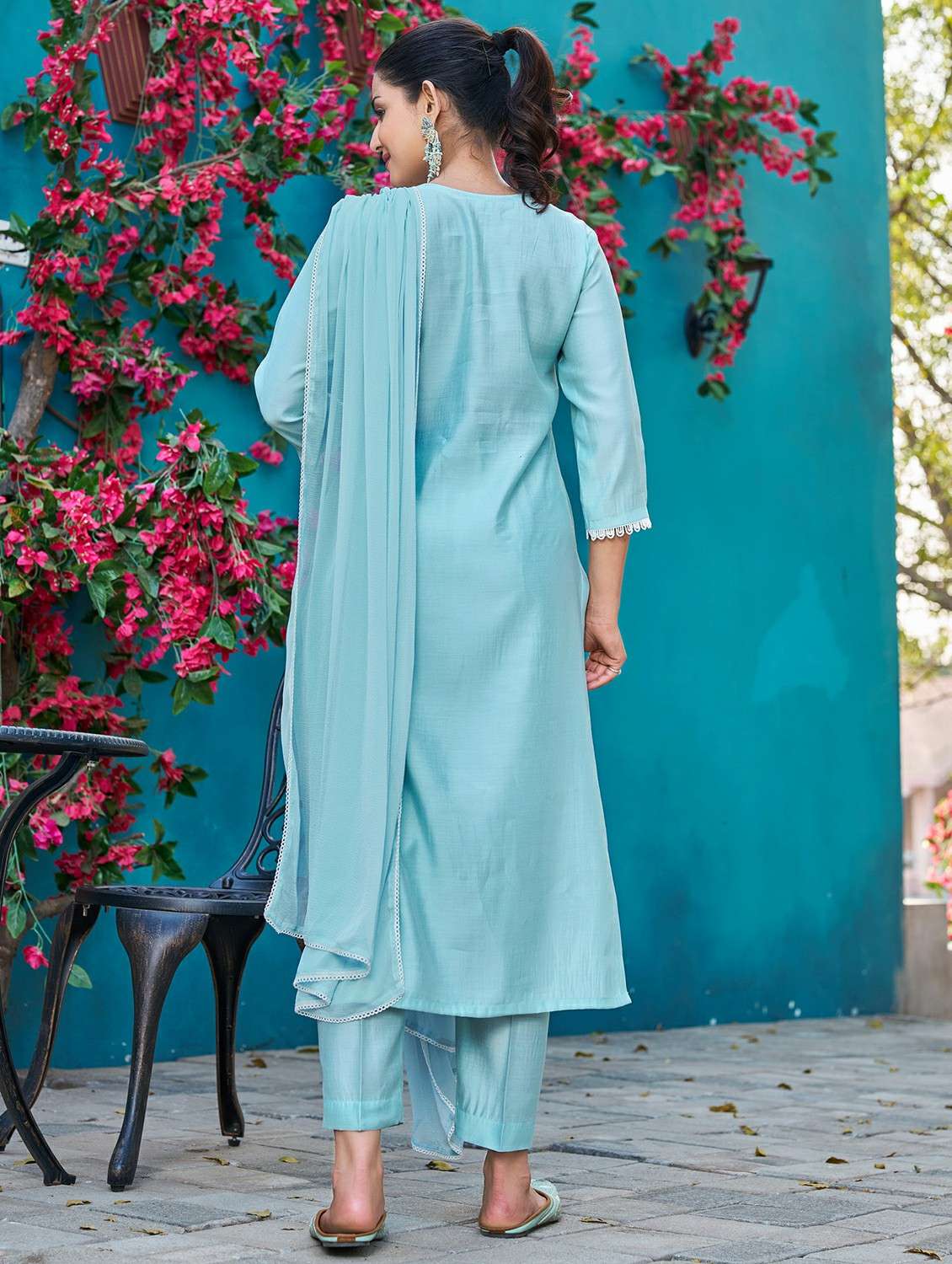 Women Solid With Work Three Quarter Sleeve Kurta Pant With Dupatta Set - 22454458 -  Standard Image - 3