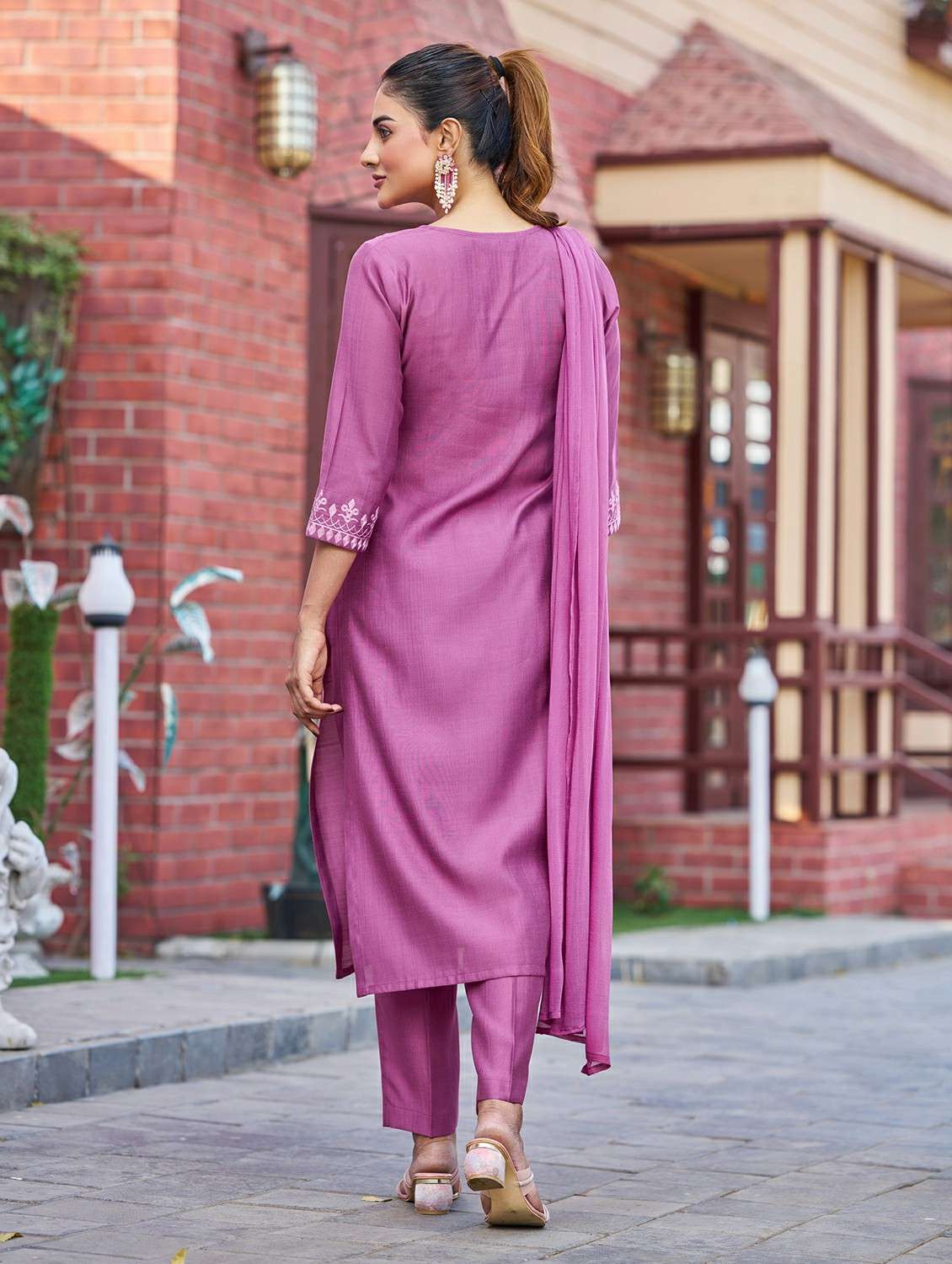 Women Solid With Work Three Quarter Sleeve Kurta Pant With Dupatta Set - 22454460 -  Standard Image - 3