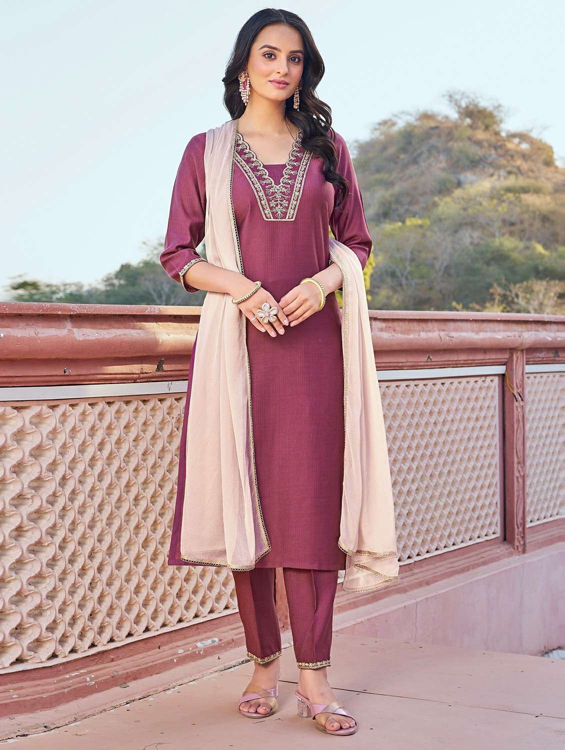 women solid with work three quarter sleeve kurta pant with dupatta set