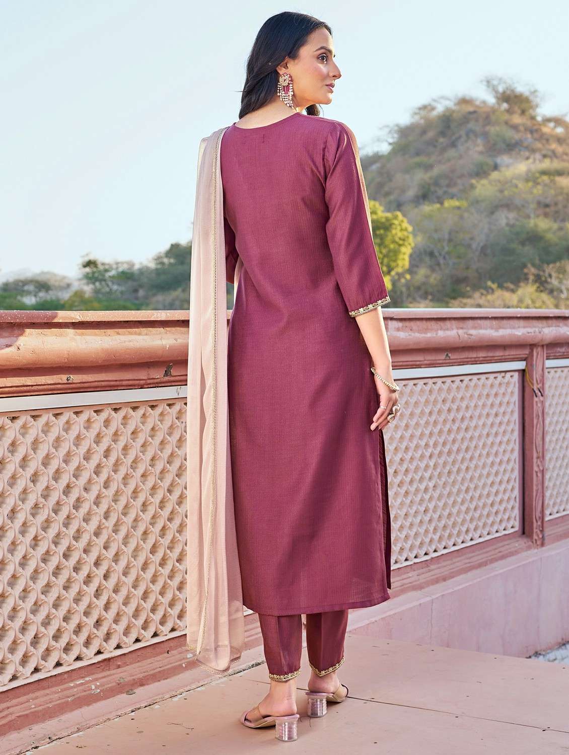 Women Solid With Work Three Quarter Sleeve Kurta Pant With Dupatta Set - 22454462 -  Standard Image - 3