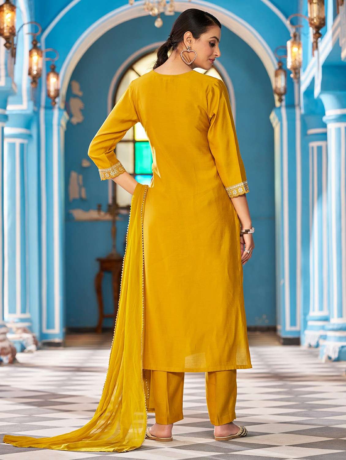 women solid with work three quarter sleeve kurta pant with dupatta set - 22454463 -  Standard Image - 3