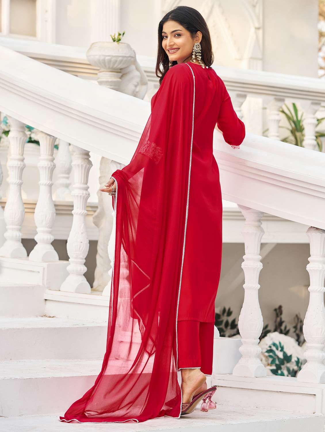 women solid with work three quarter sleeve kurta pant with dupatta set - 22454472 -  Standard Image - 3