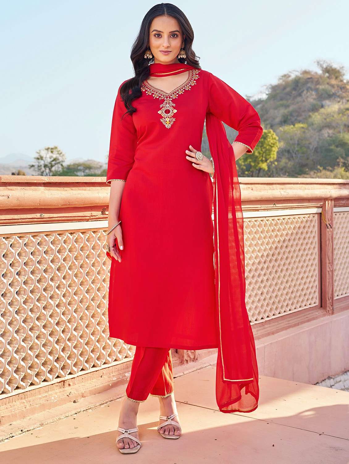 women solid with work three quarter sleeve kurta pant with dupatta set