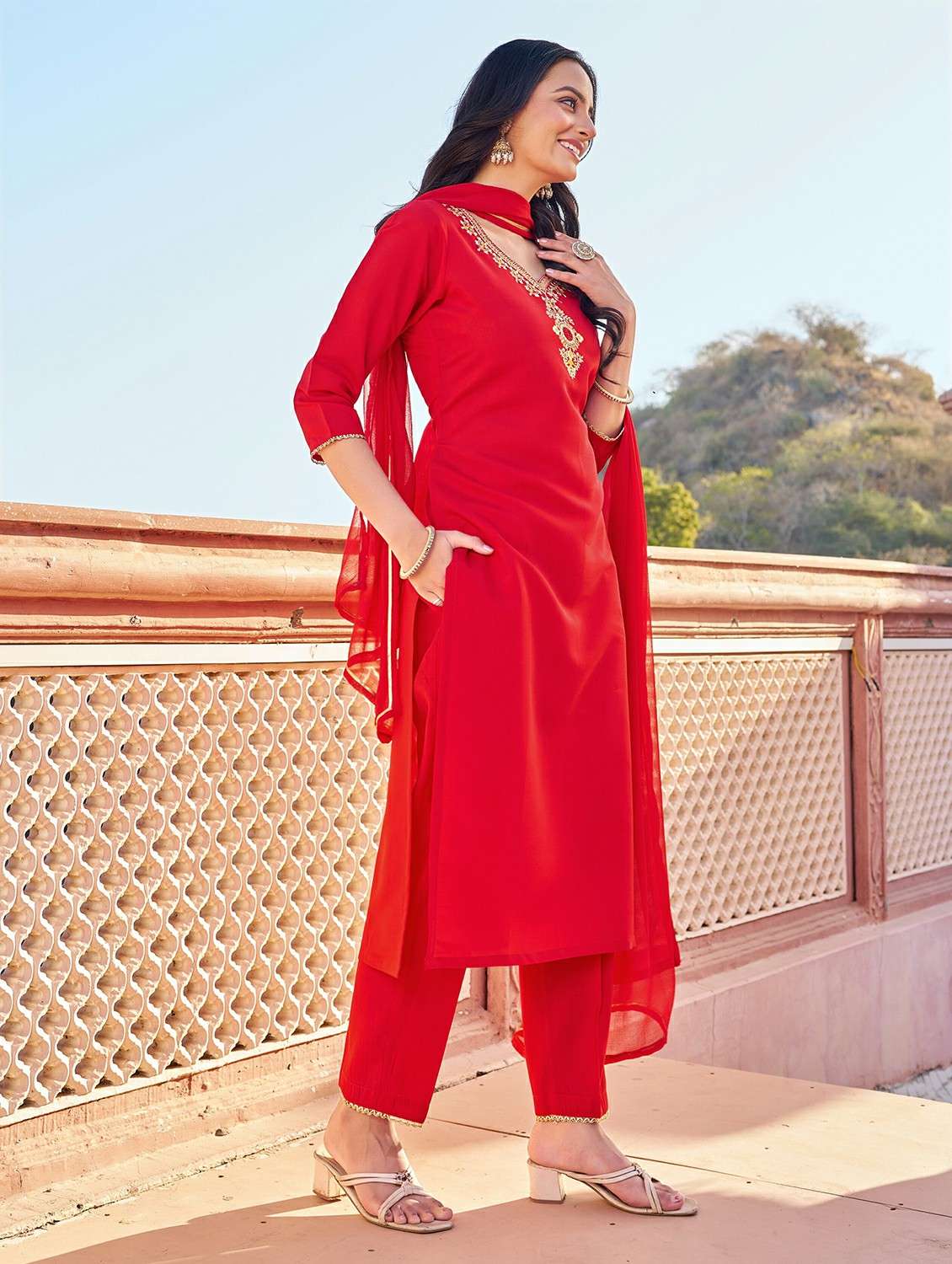 women solid with work three quarter sleeve kurta pant with dupatta set - 22454474 -  Standard Image - 3