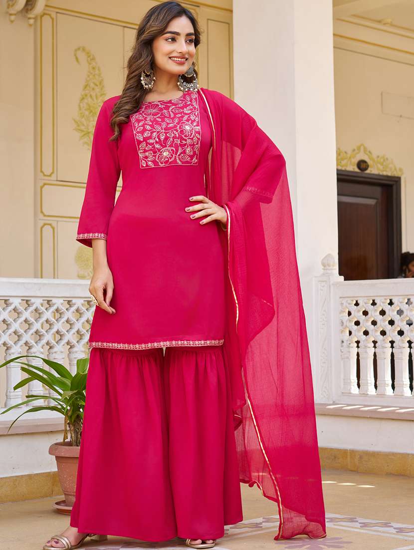 women solid with work three quarter sleeve kurta sharara with dupatta set