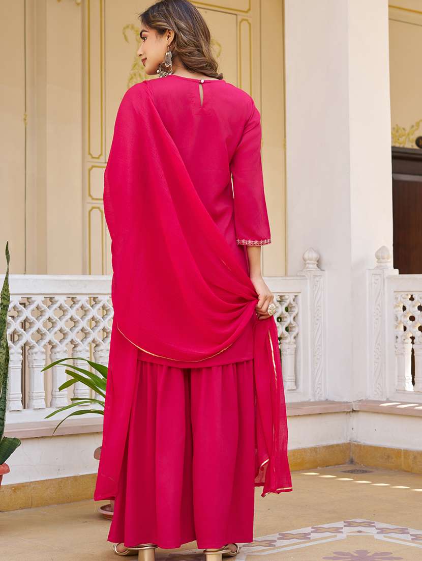 women solid with work three quarter sleeve kurta sharara with dupatta set - 22454496 -  Standard Image - 3