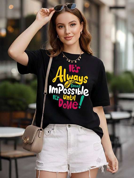 women printed  black cotton blend regular t-shirt