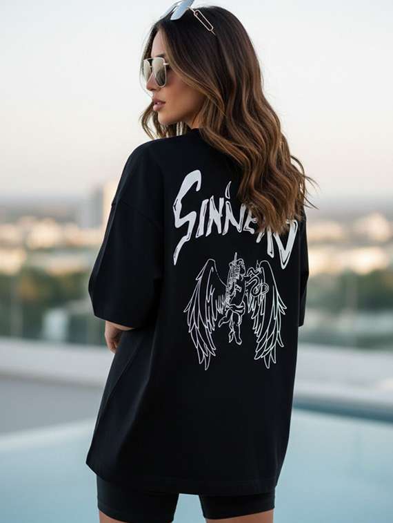 women printed  black cotton blend regular t-shirt