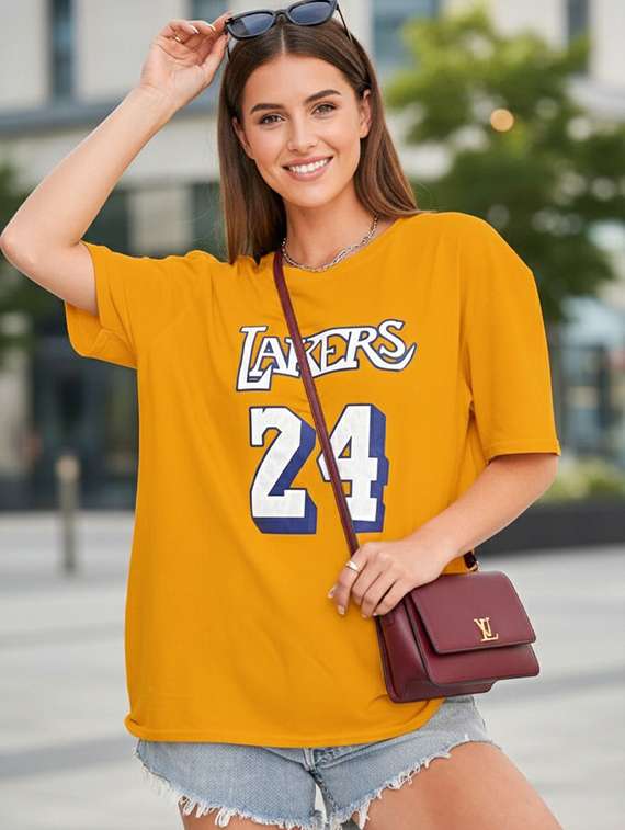 women printed yellow cotton blend regular t-shirt