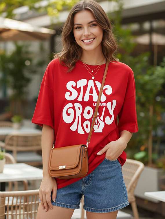 women printed red cotton blend regular t-shirt