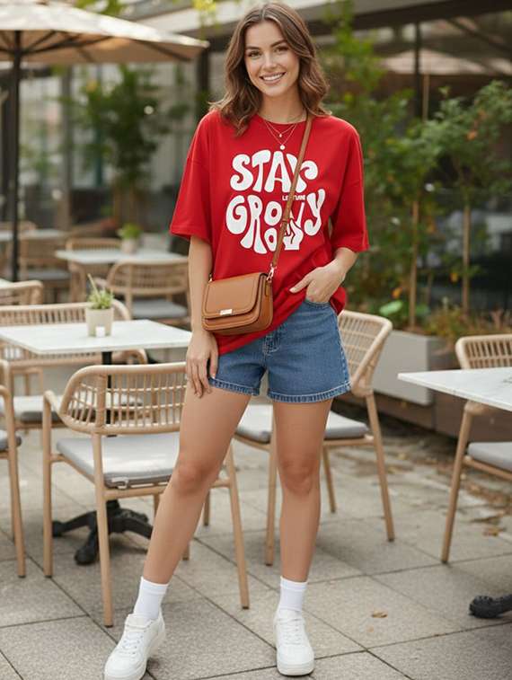women printed red cotton blend regular t-shirt - 22454912 -  Standard Image - 3