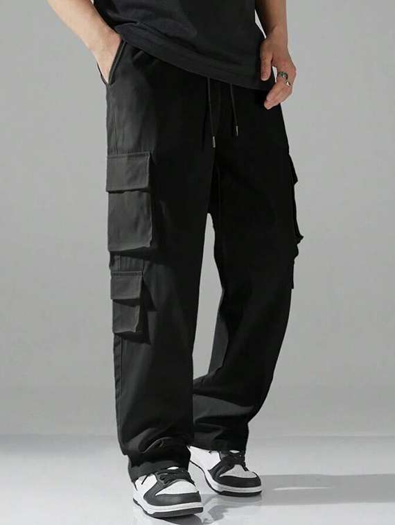 men solid high rise regular fit cargo 