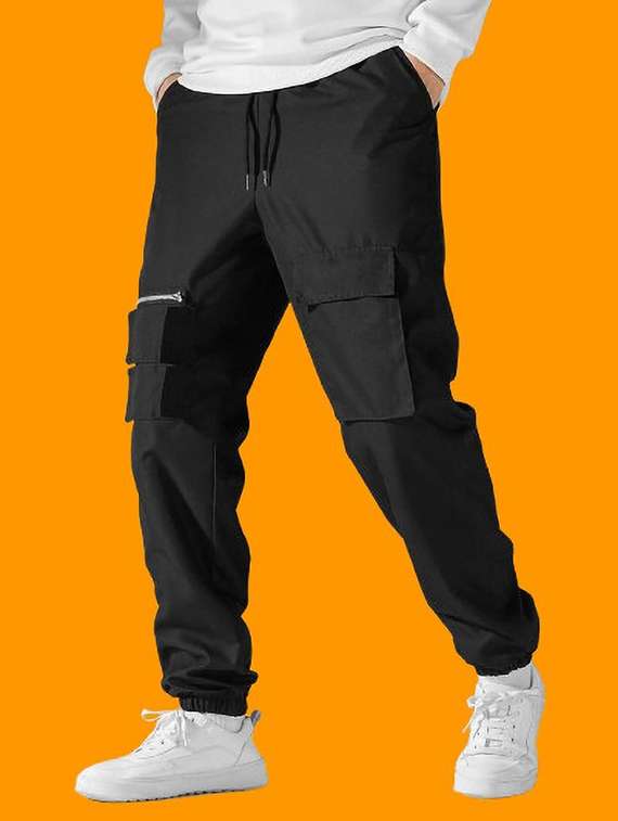 men solid high rise regular fit cargo jogger