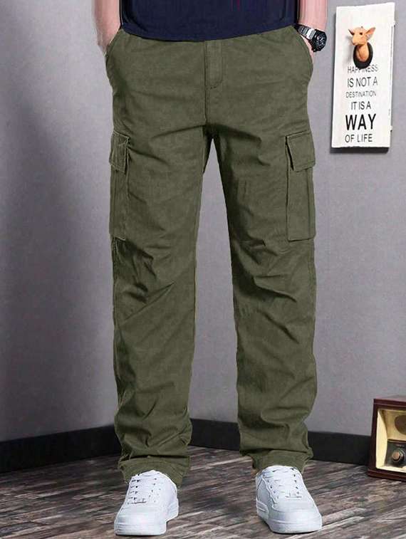 men solid high rise regular fit cargo