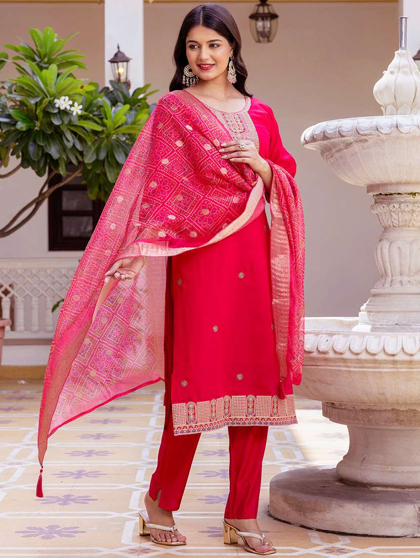 women magenta chanderi straight kurta - 22455529 -  Standard Image - 3