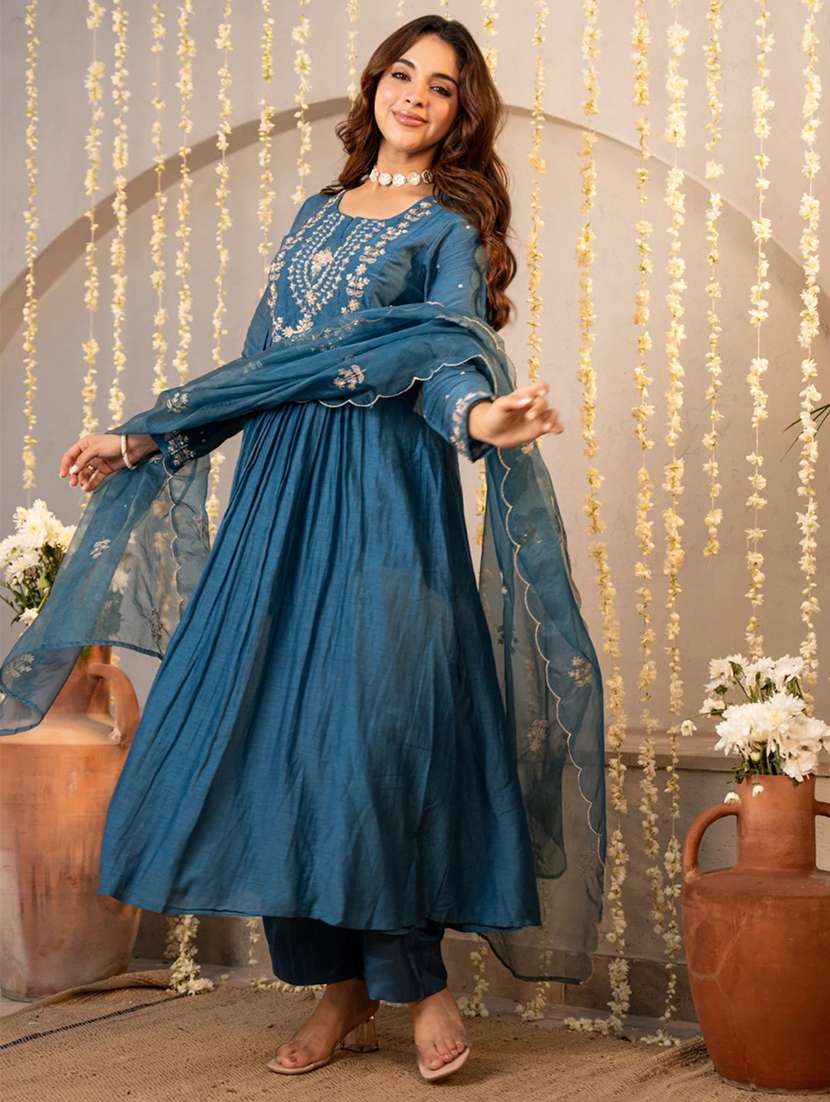 women blue chanderi flared kurta - 22455536 -  Standard Image - 3