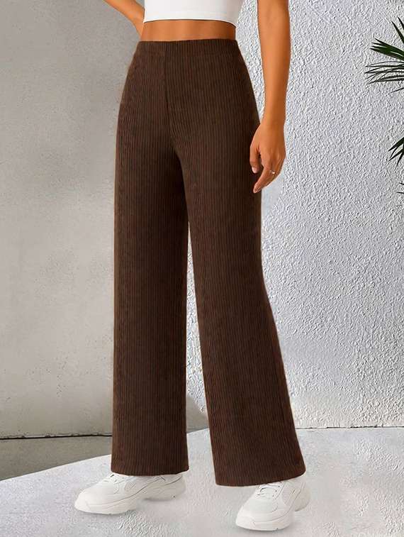 women brown lycra wide leg trouser