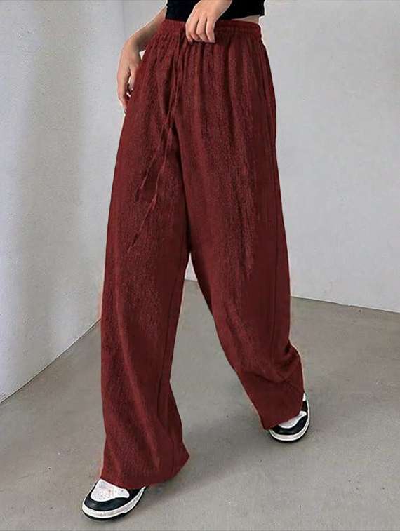 women brown lycra wide leg trouser