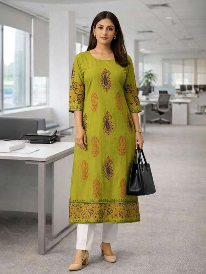 women printed three quarter sleeve straight kurta