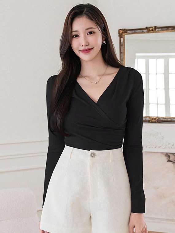 women solid long sleeve slim fit wrap top