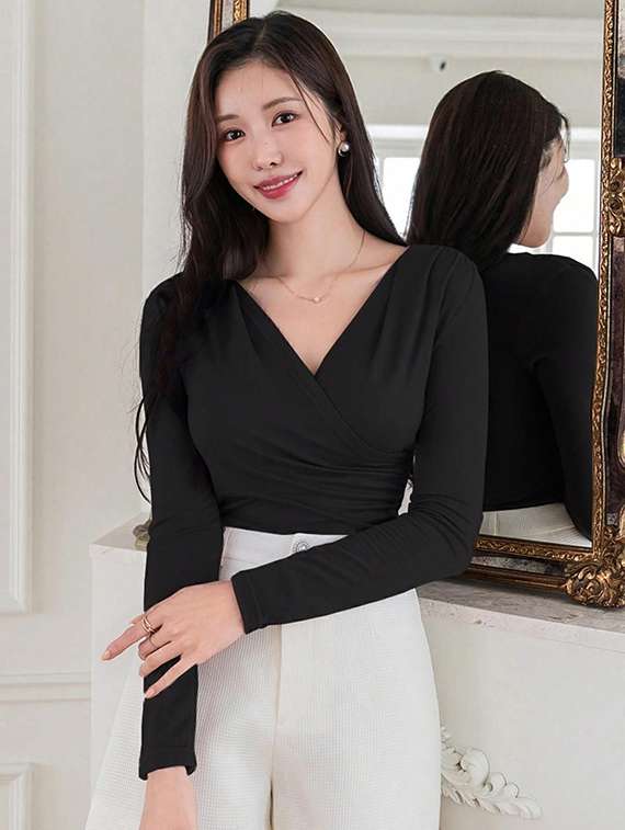 women solid long sleeve slim fit wrap top - 22455912 -  Standard Image - 3