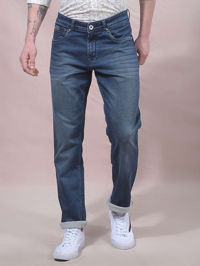 men blue cotton blend jean