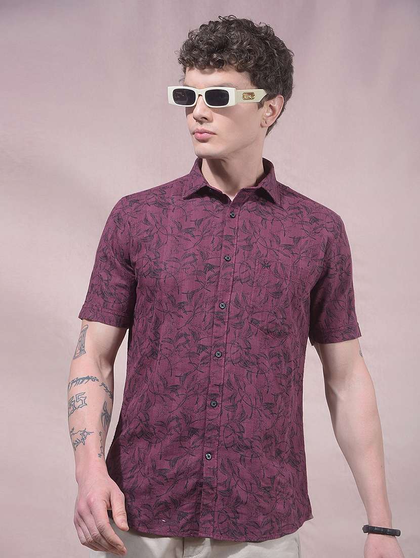 men printed short sleeve slim fit casual shirt