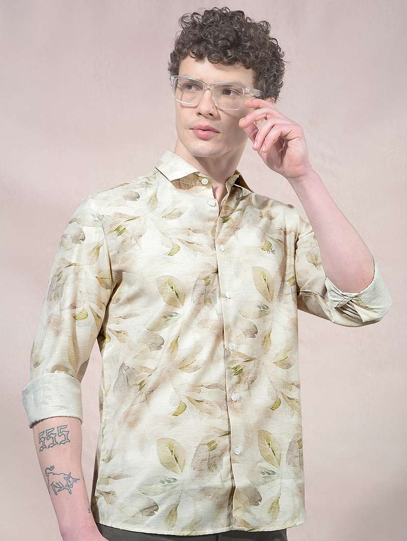 crimsoune club men's green floral print linen shirt
