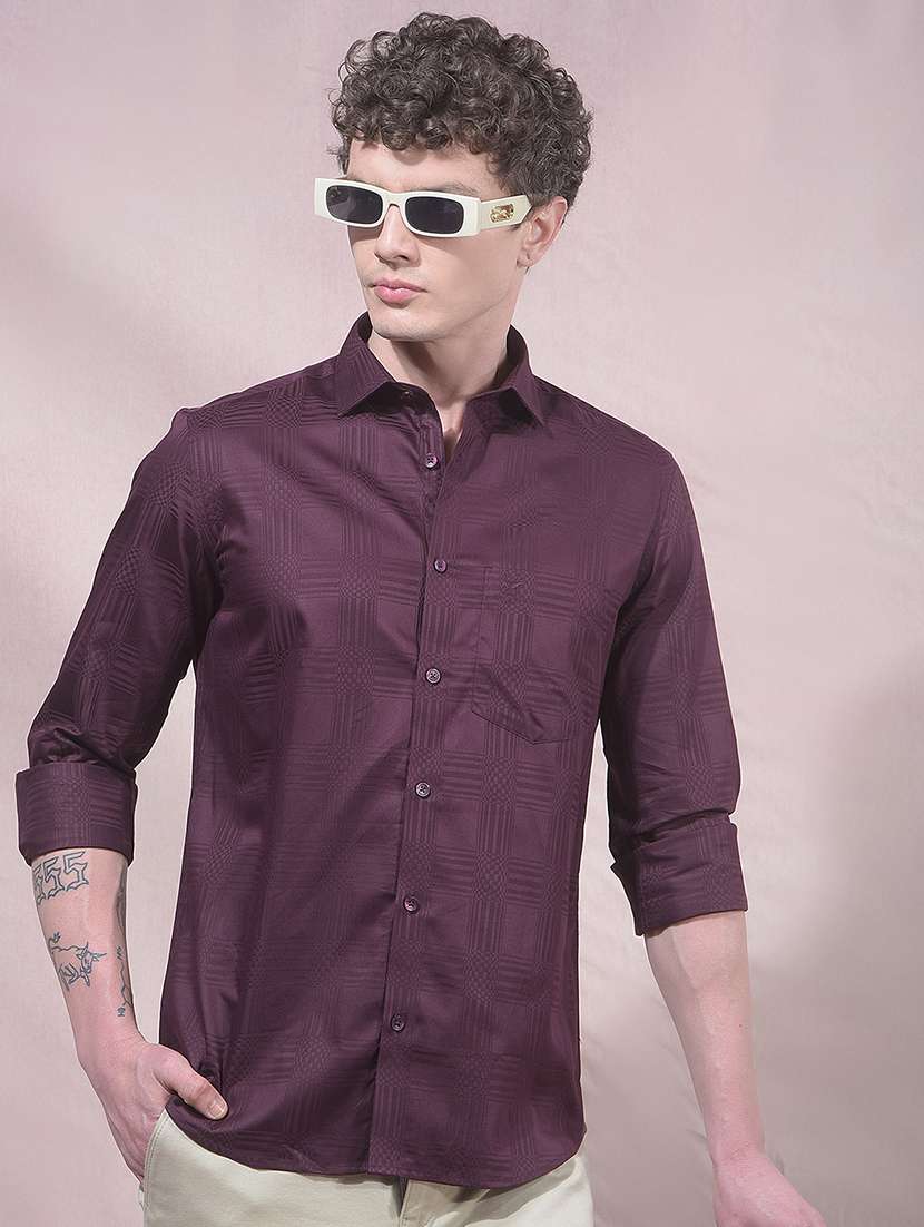 men self design long sleeve slim fit casual shirt
