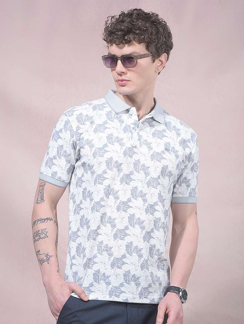 men grey cotton blend all over print t-shirt