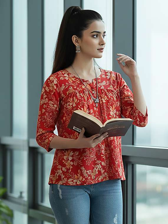 women red cotton straight kurti
