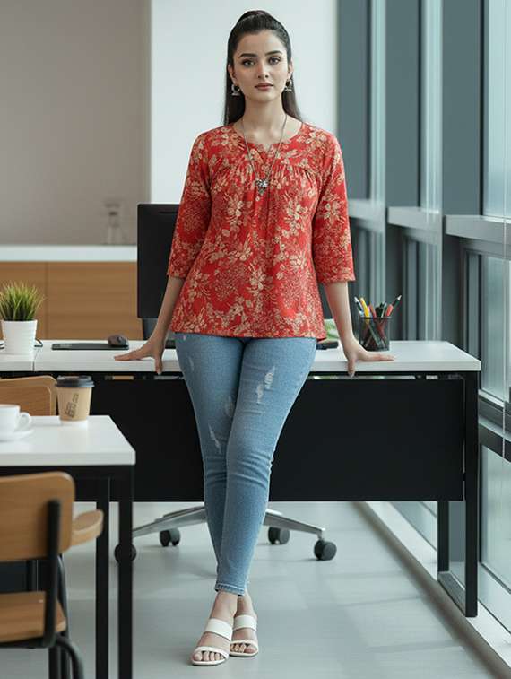 Women Red Cotton Straight Kurti - 22456057 -  Standard Image - 5