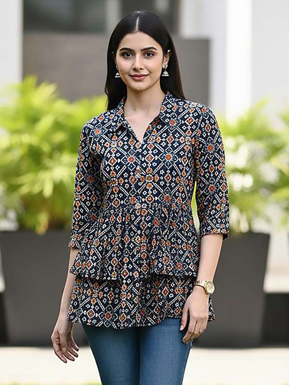 women navy blue cotton straight kurti