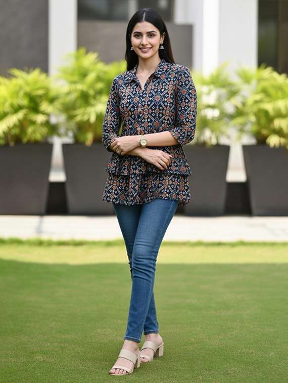 women navy blue cotton straight kurti - 22456060 -  Standard Image - 5