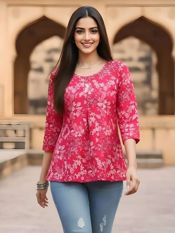 women pink cotton straight kurti