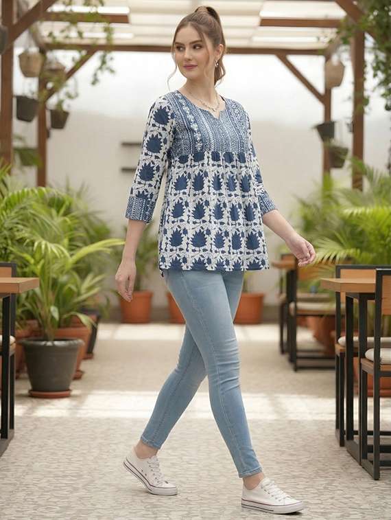 women navy blue cotton straight kurti - 22456071 -  Standard Image - 5
