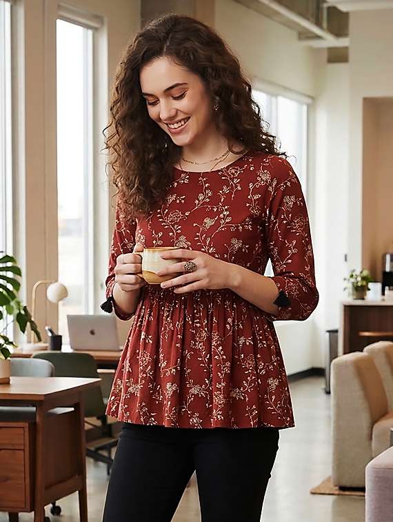 women brown cotton straight kurti