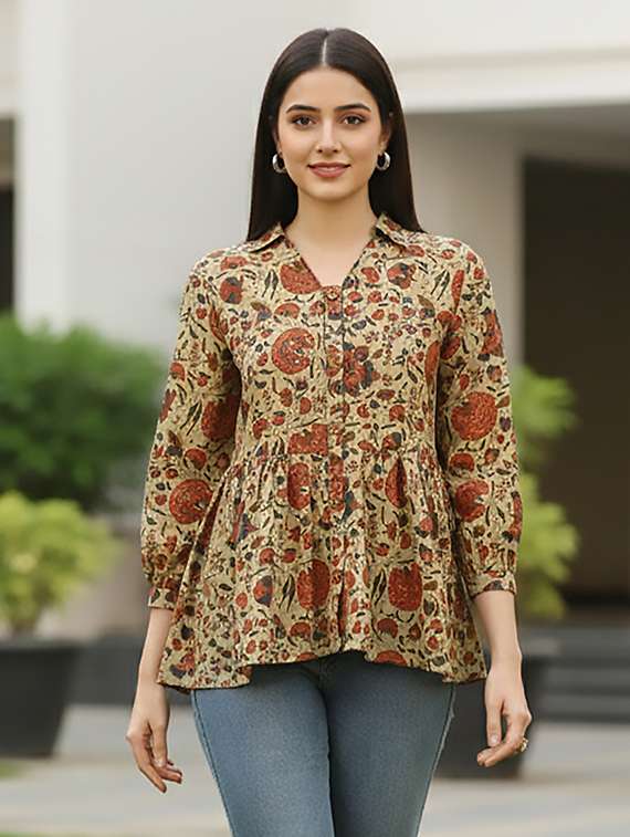 women beige cotton straight kurti