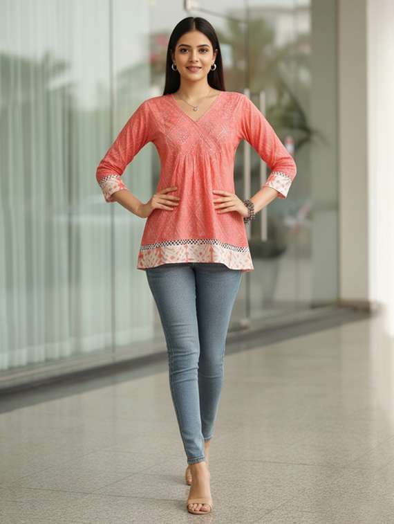 women peach cotton straight kurti - 22456084 -  Standard Image - 5