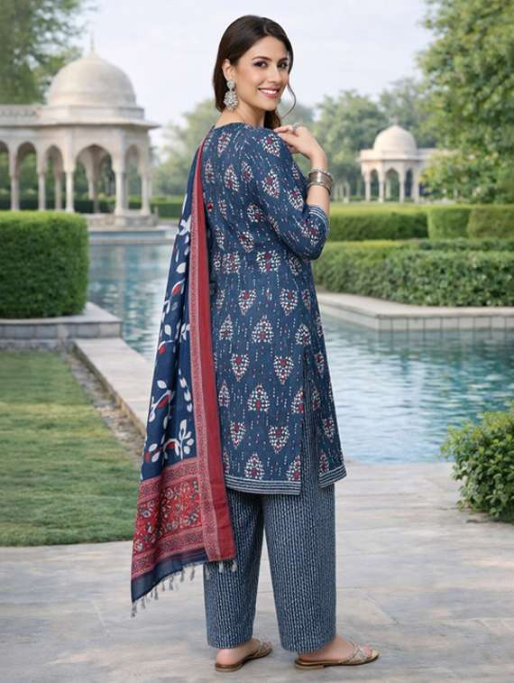 Women Blue Printed Cotton Blend Kurta Salwar Dupatta Set - 22456096 -  Standard Image - 3