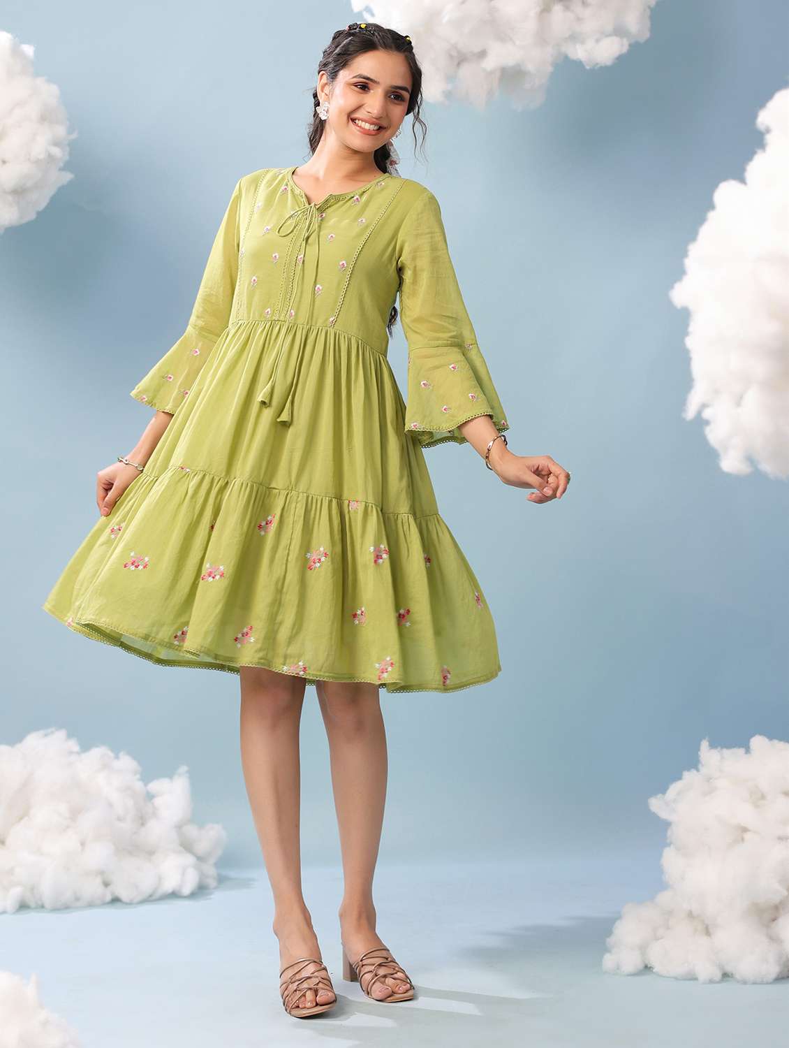 women green cotton tiered dress dress - 22456345 -  Standard Image - 3