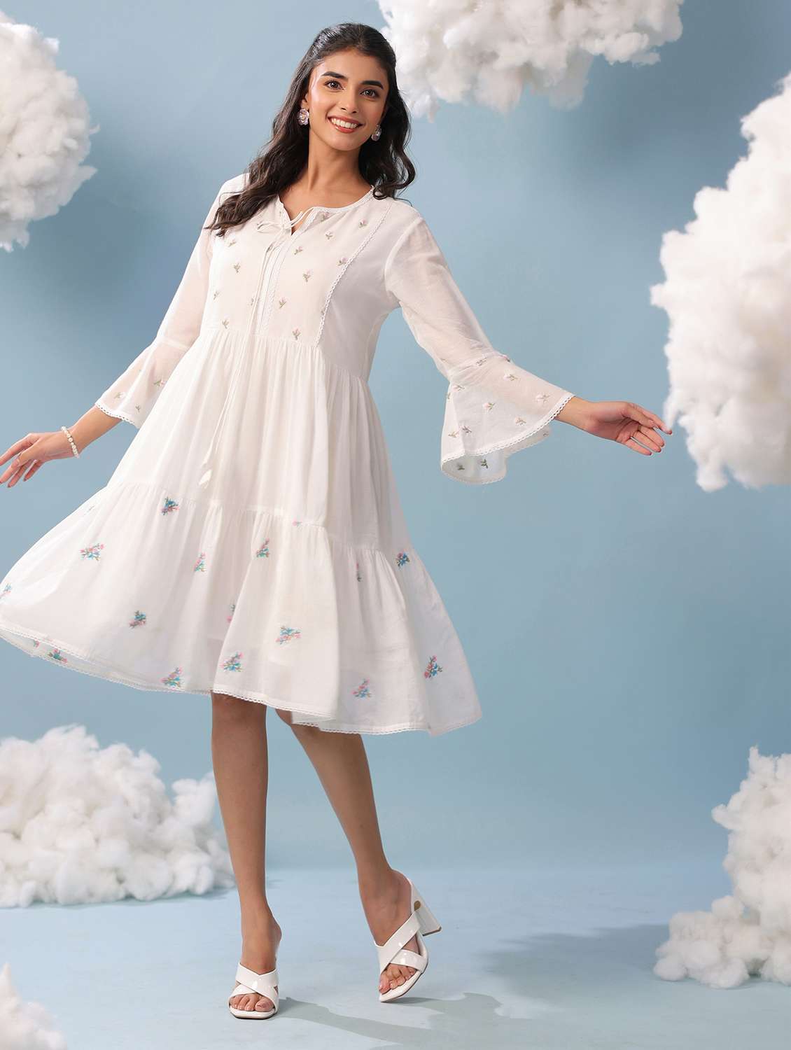 Women White Cotton Tiered Dress Dress - 22456346 -  Standard Image - 3