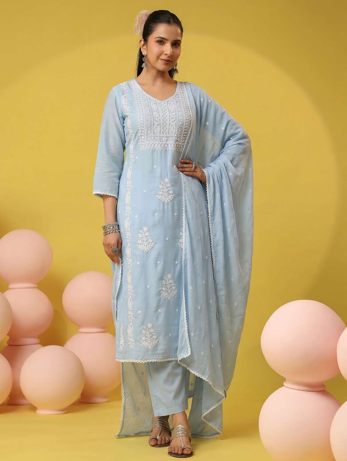 women self design blue kurta pant set