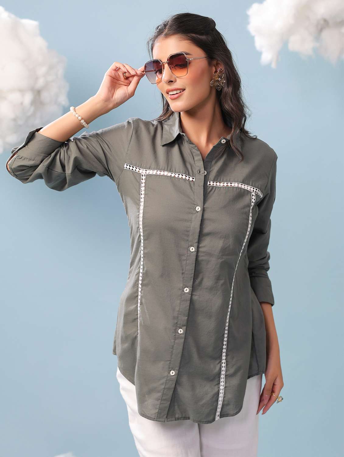 women solid long sleeve collared shirt