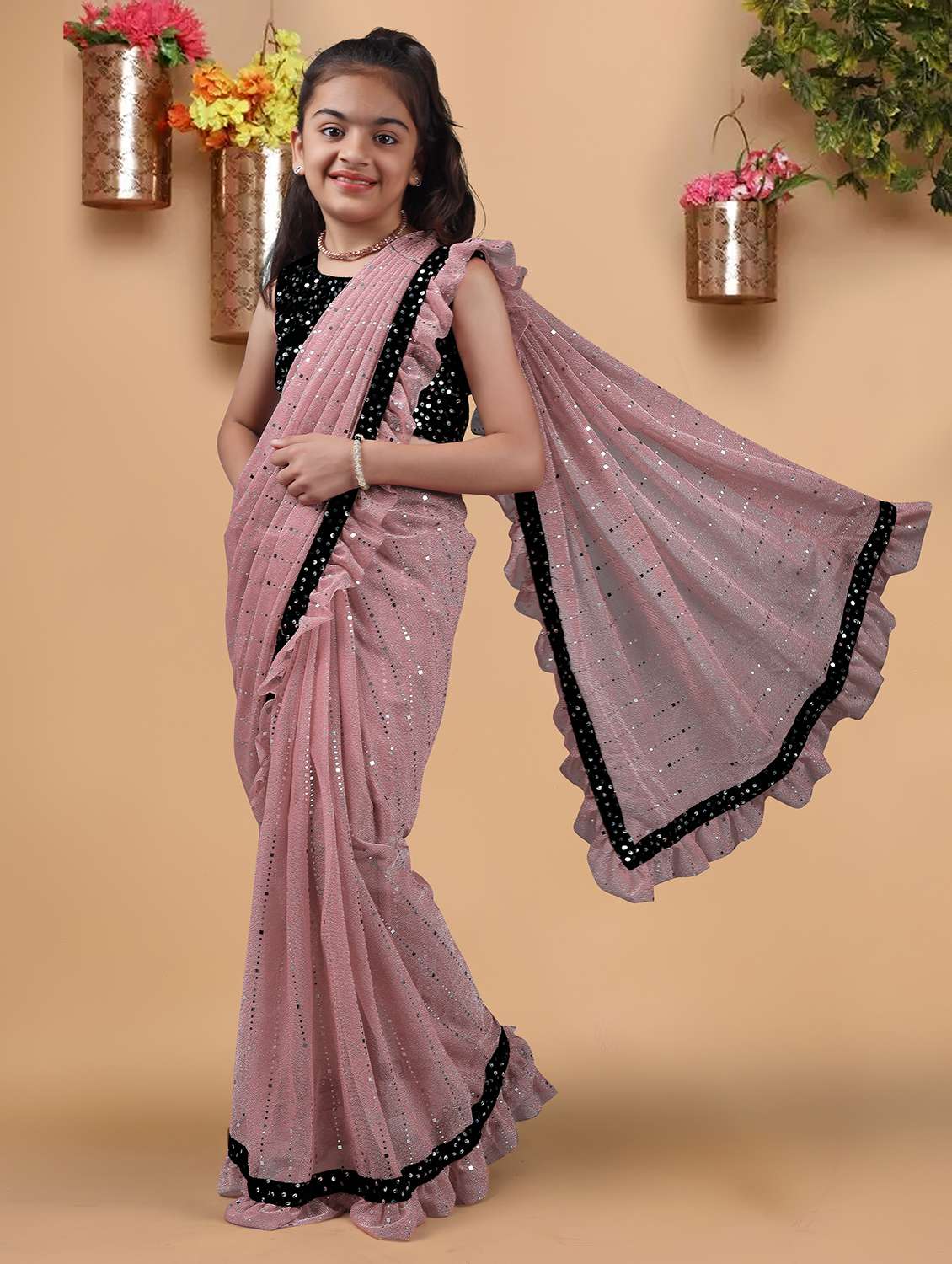 girls solid with work ready to wear saree
