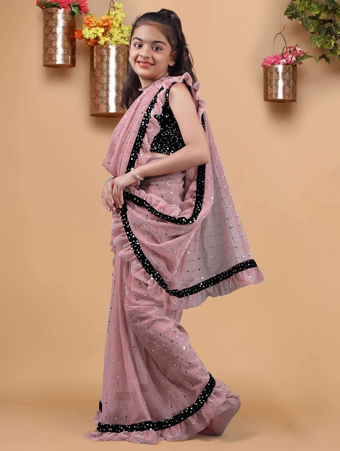 girls solid with work ready to wear saree - 22456446 -  Standard Image - 3