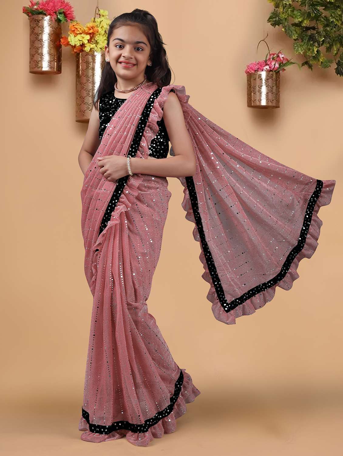 girls solid with work ready to wear saree