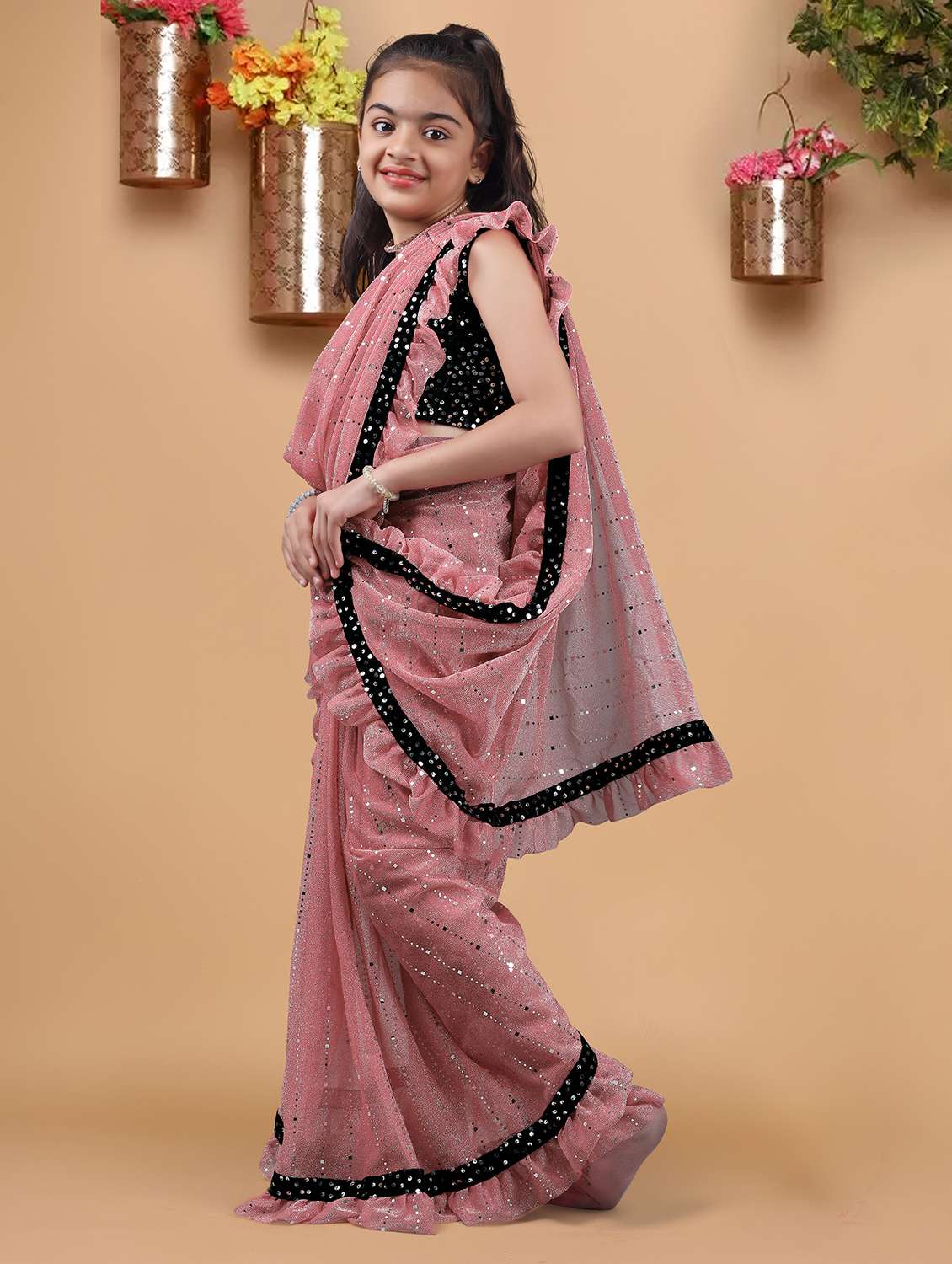 girls solid with work ready to wear saree - 22456447 -  Standard Image - 3