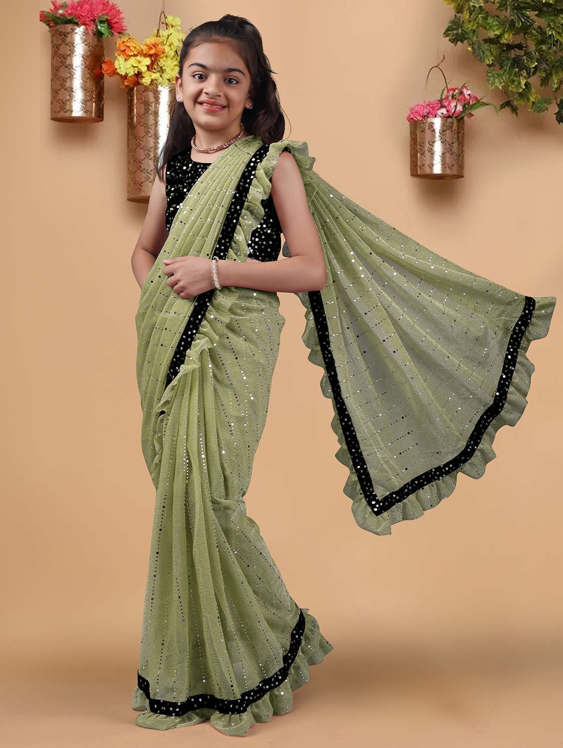 girls solid with work ready to wear saree